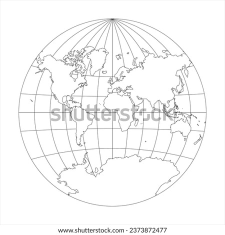 Simplified Map of World in the circle focused on Europe and Africa. Latitude and longitude grid. Van der Grinten projection. Thin black line wireframe vector illustration