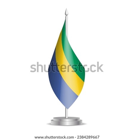 Gabon flag - 3D mini flag hanging on desktop flagpole. Usable for summit or conference presentaiton. Vector illustration with shading.