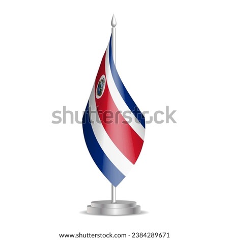 Costa Rica flag - 3D mini flag hanging on desktop flagpole. Usable for summit or conference presentaiton. Vector illustration with shading.