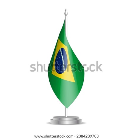 Brazil flag - 3D mini flag hanging on desktop flagpole. Usable for summit or conference presentaiton. Vector illustration with shading.