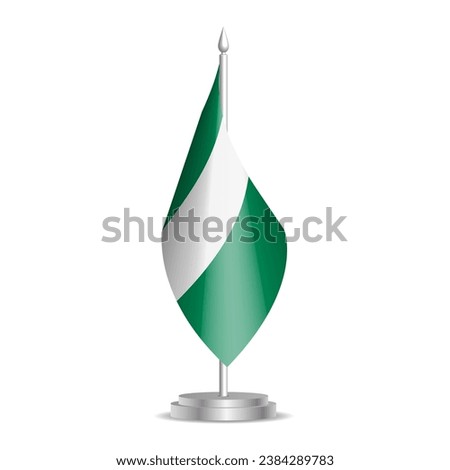 Nigeria flag - 3D mini flag hanging on desktop flagpole. Usable for summit or conference presentaiton. Vector illustration with shading.