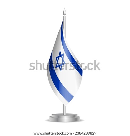 Israel flag - 3D mini flag hanging on desktop flagpole. Usable for summit or conference presentaiton. Vector illustration with shading.