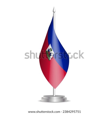 Haiti flag - 3D mini flag hanging on desktop flagpole. Usable for summit or conference presentaiton. Vector illustration with shading.