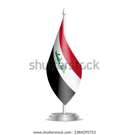 Iraq flag - 3D mini flag hanging on desktop flagpole. Usable for summit or conference presentaiton. Vector illustration with shading.