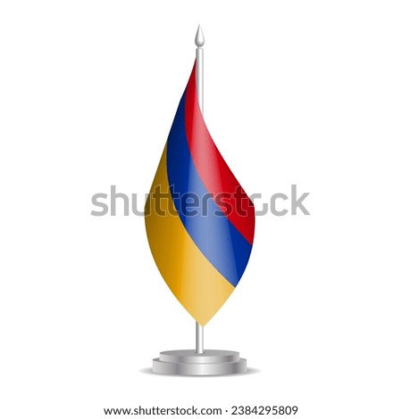 Armenia flag - 3D mini flag hanging on desktop flagpole. Usable for summit or conference presentaiton. Vector illustration with shading.