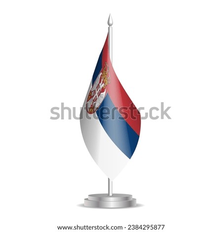 Serbia flag - 3D mini flag hanging on desktop flagpole. Usable for summit or conference presentaiton. Vector illustration with shading.