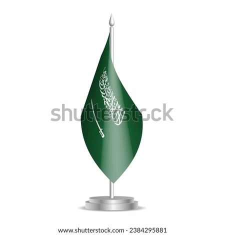 Saudi Arabia flag - 3D mini flag hanging on desktop flagpole. Usable for summit or conference presentaiton. Vector illustration with shading.