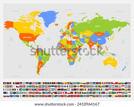 Colored political map of World with country and water labels. With set of national flags of countries under the map. Vector illustration.