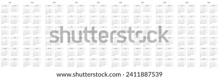 Set of monthly calendars for years 2021 - 2030. Week starts on Monday. Block of months in six rows and two columns vertical arrangement. Simple thin minimalist design. Vector illustration.