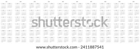 Set of monthly calendars for years 2021 - 2030. Week starts on Sunday. Block of months in six rows and two columns vertical arrangement. Simple thin minimalist design. Vector illustration.