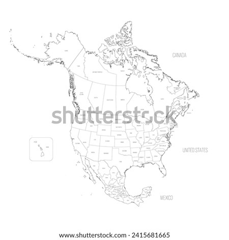 Political map of North American countries Canada, United States of America and Mexico with administrative divisions. Thin black outline map with countries and states name labels. Vector illustration