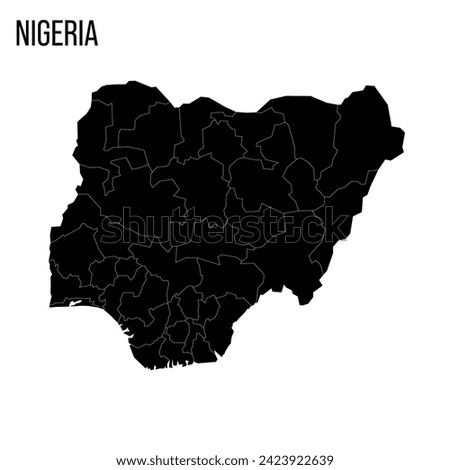 Nigeria political map of administrative divisions - states and federal capital territory. Blank black map and country name title.