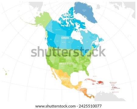 Political map of Caribbean and North American countries Canada, United States of America and Mexico with administrative divisions. Colorful blank map. Vector illustration