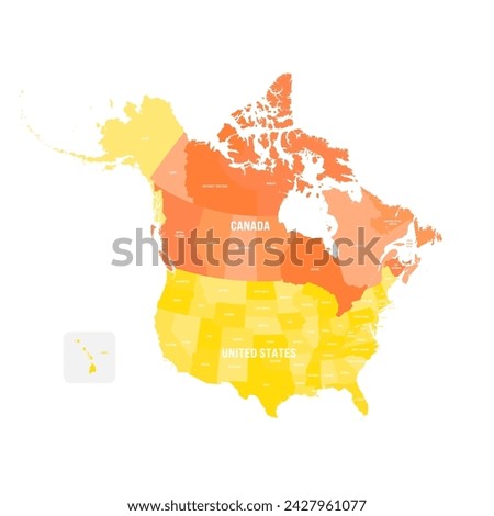 Political map of Canada and United States of America with administrative divisions. Colorful map with countries and states name labels. Vector illustration