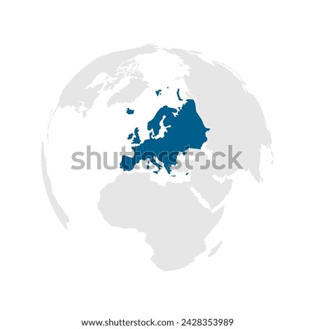 Europe continent dark blue highlighted silhouette on Earth globe. Vector illustration