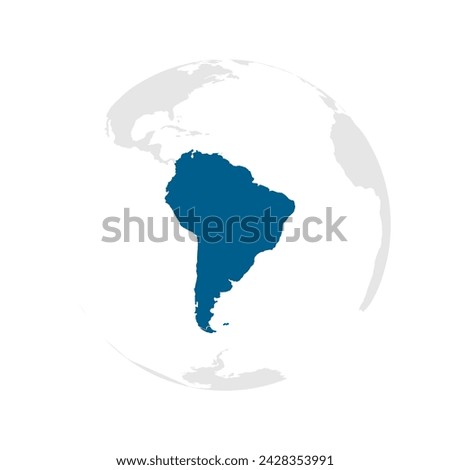 South America continent dark blue highlighted silhouette on Earth globe. Vector illustration