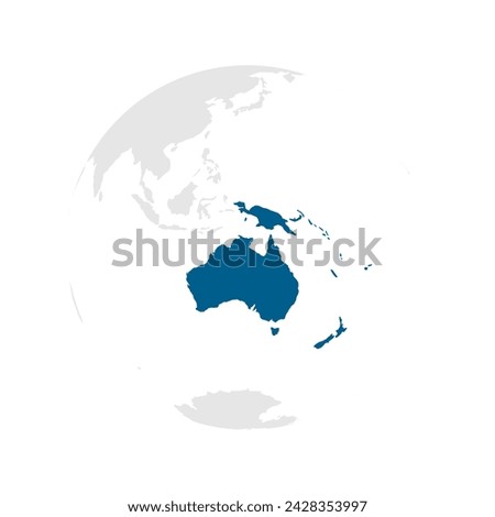 Australia continent dark blue highlighted silhouette on Earth globe. Vector illustration