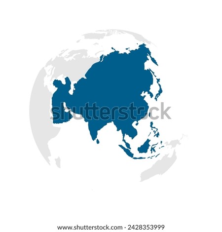 Asia continent dark blue highlighted silhouette on Earth globe. Vector illustration