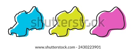 Rwanda country black outline and colored country silhouettes in three different levels of smoothness. Simplified maps. Vector icons isolated on white background.