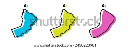 Oman country black outline and colored country silhouettes in three different levels of smoothness. Simplified maps. Vector icons isolated on white background.