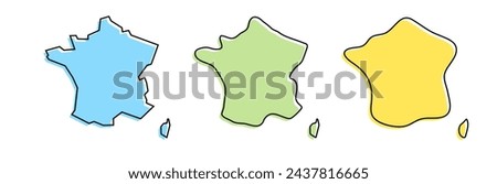 France country black outline and colored country silhouettes in three different levels of smoothness. Simplified maps. Vector icons isolated on white background.