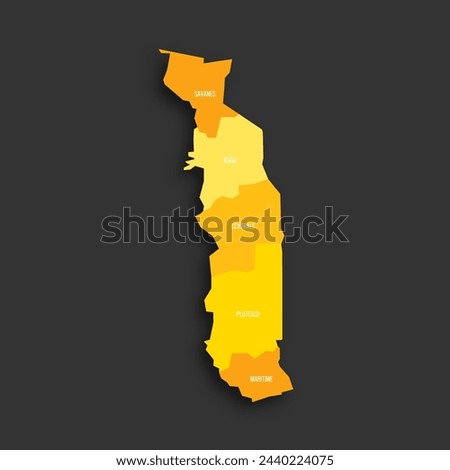 Togo political map of administrative divisions - regions. Yellow shade flat vector map with name labels and dropped shadow isolated on dark grey background.