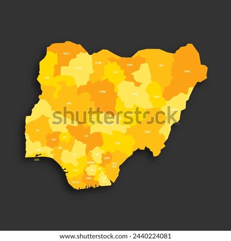 Nigeria political map of administrative divisions - states and federal capital territory. Yellow shade flat vector map with name labels and dropped shadow isolated on dark grey background.