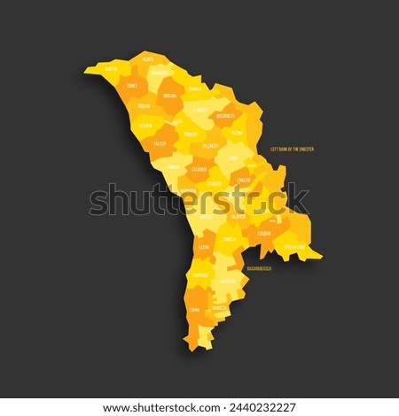 Moldova political map of administrative divisions - districts, municipalities and two autonomous territorial units - Gaugazia and Left Bank of the Dniester. Yellow shade flat vector map with name