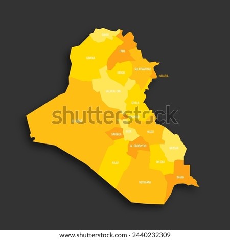 Iraq political map of administrative divisions - governorates and Kurdistan Region. Yellow shade flat vector map with name labels and dropped shadow isolated on dark grey background.