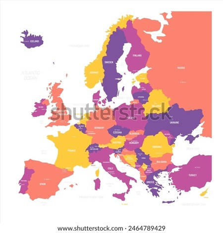 Political map of Europe. Blue colored vector map with capital cities of european countries and bodies of water around continent.