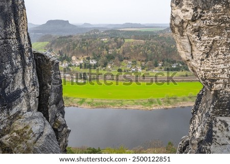 Image, Stock Photo View from Kurort Rathen to Stadt Wehlen in Saxon Switzerland