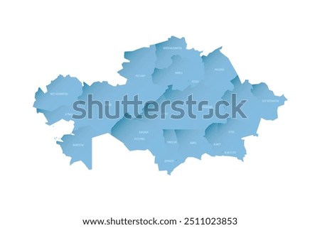 Kazakhstan political map of administrative divisions - regions and cities with region rights and city of republic significance Baikonur. Shaded vector map with 3D-like blue gradient and name labels