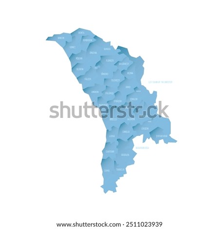 Moldova political map of administrative divisions - districts, municipalities and two autonomous territorial units - Gaugazia and Left Bank of the Dniester. Shaded vector map with 3D-like blue