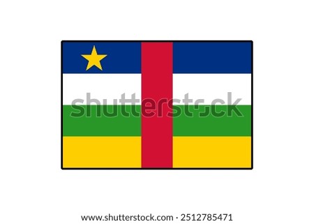 The flag of the Central African Republic features horizontal stripes of blue, white, green, and yellow, with a vertical red stripe in the center and a yellow star in the upper left corner.