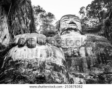 Leshan Giant Buddha, Dafo, UNESCO World Heritage site, Le Shan City, Sichuan, China, in black and white
