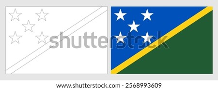 Solomon Islands flag - coloring page. Set of white wireframe thin black outline flag and original colored flag.