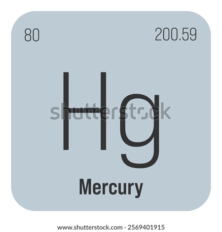 Mercury, Hg, periodic table element with name, symbol, atomic number and weight. Heavy metal with various industrial uses, such as in thermometers, electrical switches, and as a component in certain