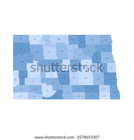 North Dakota, ND - detailed political map of US state. Administrative map divided into counties. Blue map with county name labels. Vector illustration