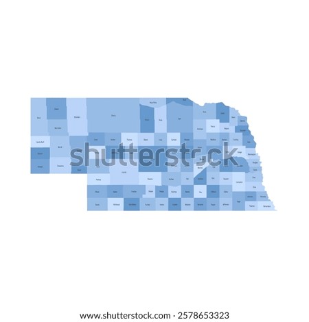 Nebraska, NE - detailed political map of US state. Administrative map divided into counties. Blue map with county name labels. Vector illustration