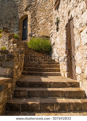 Old rock stairs lead to castle door, Socerb, Slovenia