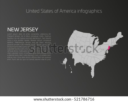 United States of America, aka USA or US, map infographics template. 3D perspective dark theme with pink highlighted New Jersey, state name and text area on the left side.