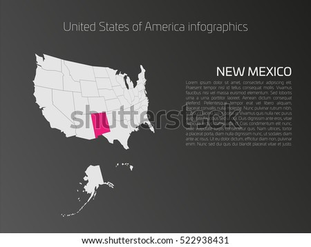 United States of America, aka USA or US, map infographics template. 3D perspective dark theme with pink highlighted New Mexico, state name and text area on the left side.