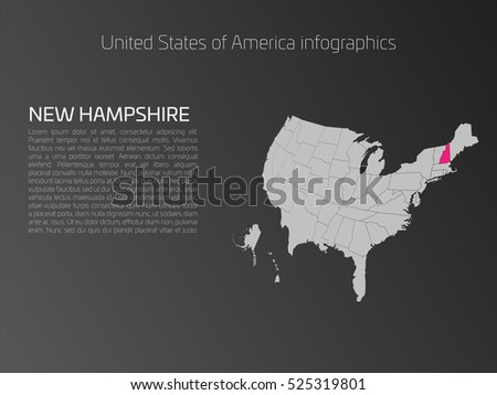 United States of America, aka USA or US, map infographics template. 3D perspective dark theme with pink highlighted New Hampshire, state name and text area on the left side.