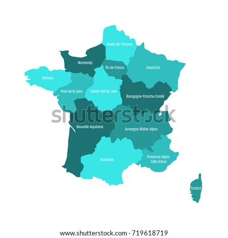 Map of France divided into 13 administrative metropolitan regions, since 2016. Four shades of green. Vector illustration.