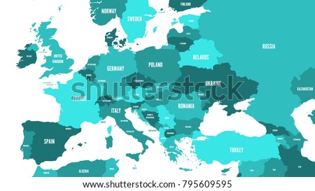 Political map of Europe and Caucasian region in shades of green on white background. Simple flat vector illustration.