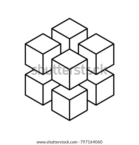 Geometric cube of 8 smaller isometric cubes. Abstract design element. Science or construction concept. Black outline 3D vector object.