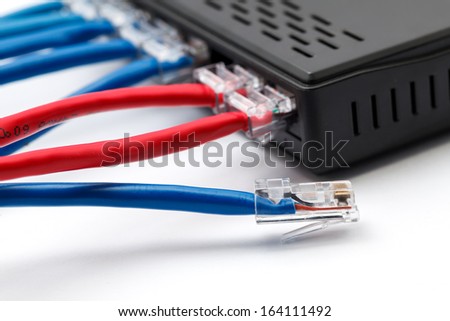 LAN network switch with ethernet cables plugged in