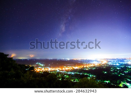 City landscape at nigh with Milky Way galaxy, Long exposure photograph