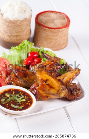 Grilled Chicken Wings with Red Spicy Sauce and Sticky Rice