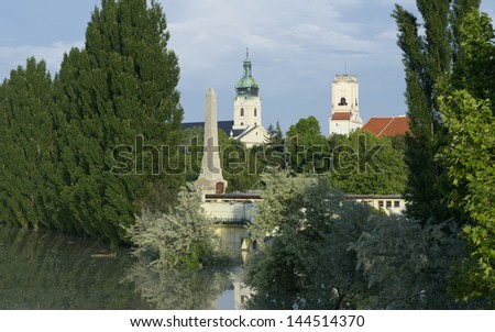 Towers of Gyor Town Flooded by Danube River Stock fotó © 